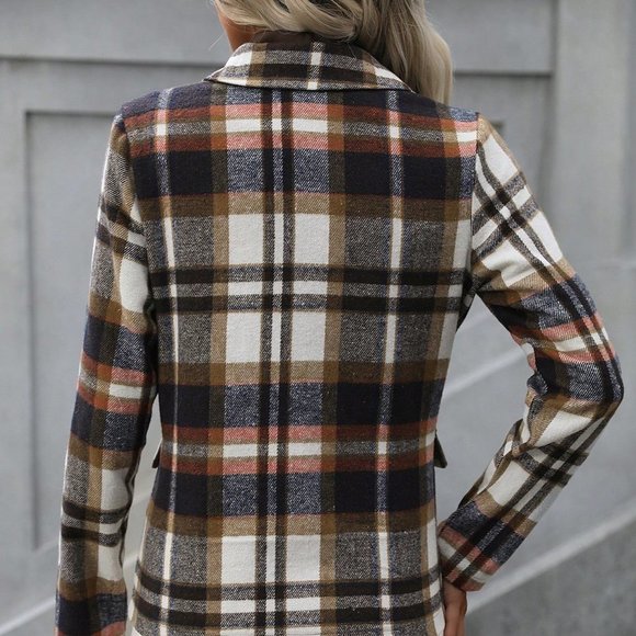 Tan Casual Plaid Print Double Breasted Blazer - Picture 6 of 6